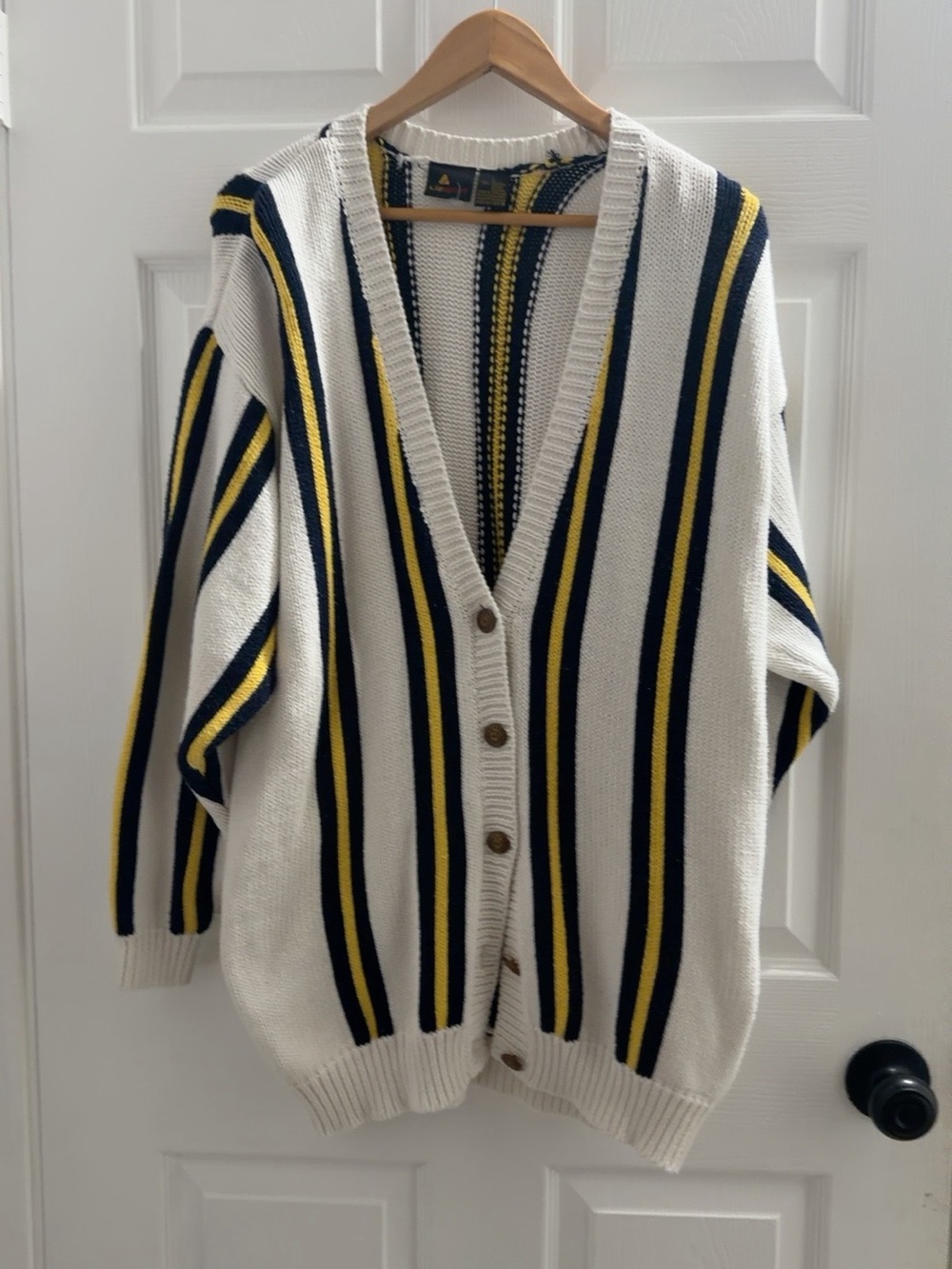 Women's Striped Button-Front Cardigan Sweater - White with Navy & Yellow Stripes
